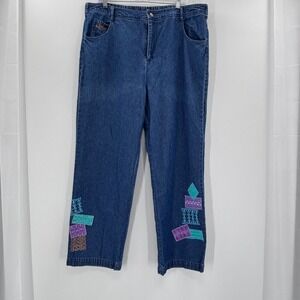 Y2K Original Anthony Denim Patchwork embroidered Elastic Waist Jeans Size 14